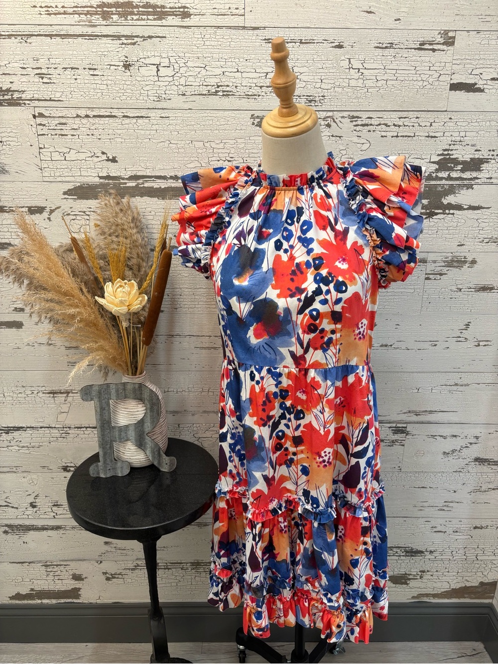 Floral Ruffle Sleeve Midi Dress NWT- Red, Blue & White